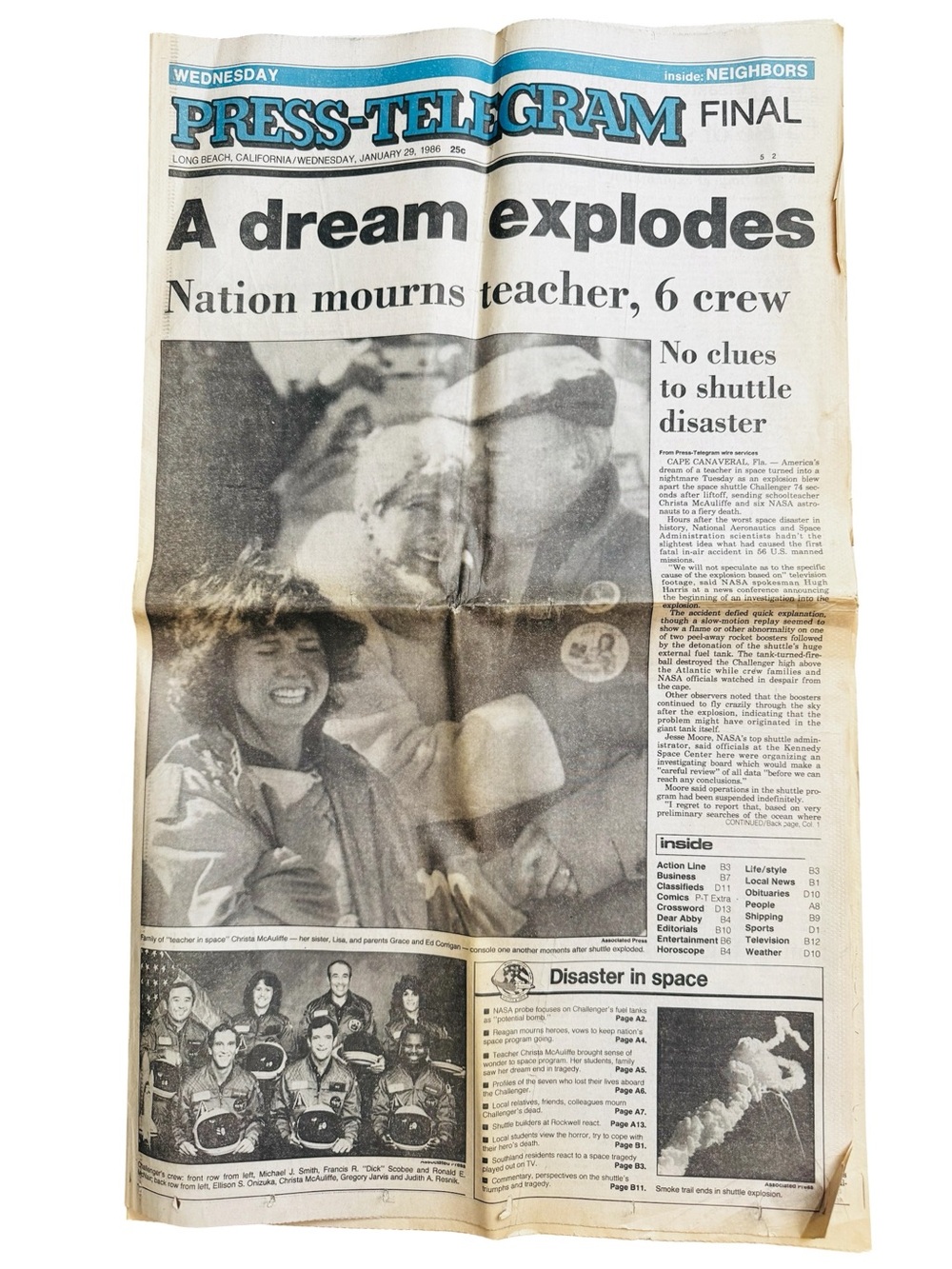 VTG newspaper, Challenger space shuttle explosion coverage, January 1986, WORN
